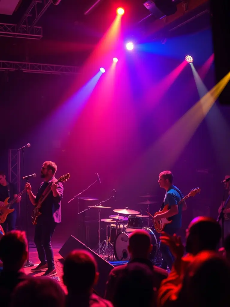 A vibrant image capturing a live performance at one of LA CHANSON A BOIRE's cultural music events, showcasing musicians on stage and an enthusiastic audience.