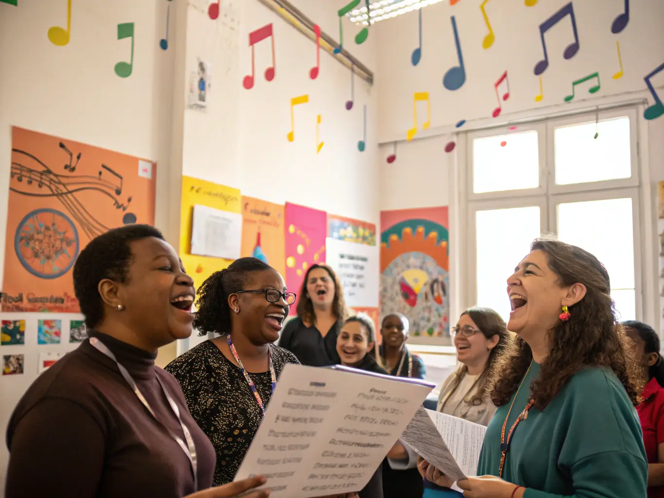 A group of diverse individuals joyfully singing together during a LA CHANSON A BOIRE community event, showcasing the sense of belonging and shared cultural experience.