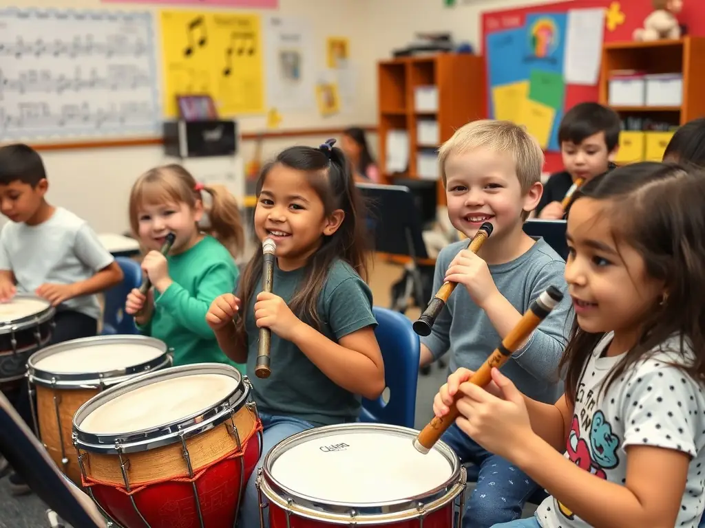 A picture of a workshop where children are learning to play traditional French musical instruments, highlighting the educational aspect of LA CHANSON A BOIRE's programs.