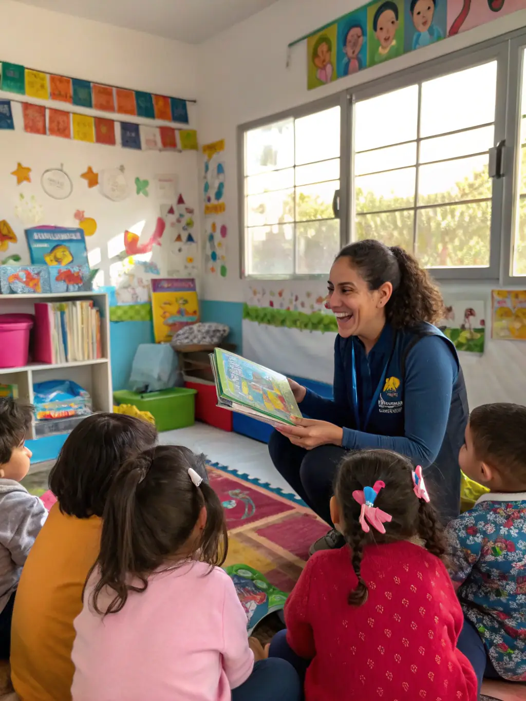 A heartwarming photo of a music outreach program in a local school, where LA CHANSON A BOIRE volunteers are teaching children about French chanson and its cultural significance, using instruments and interactive activities.