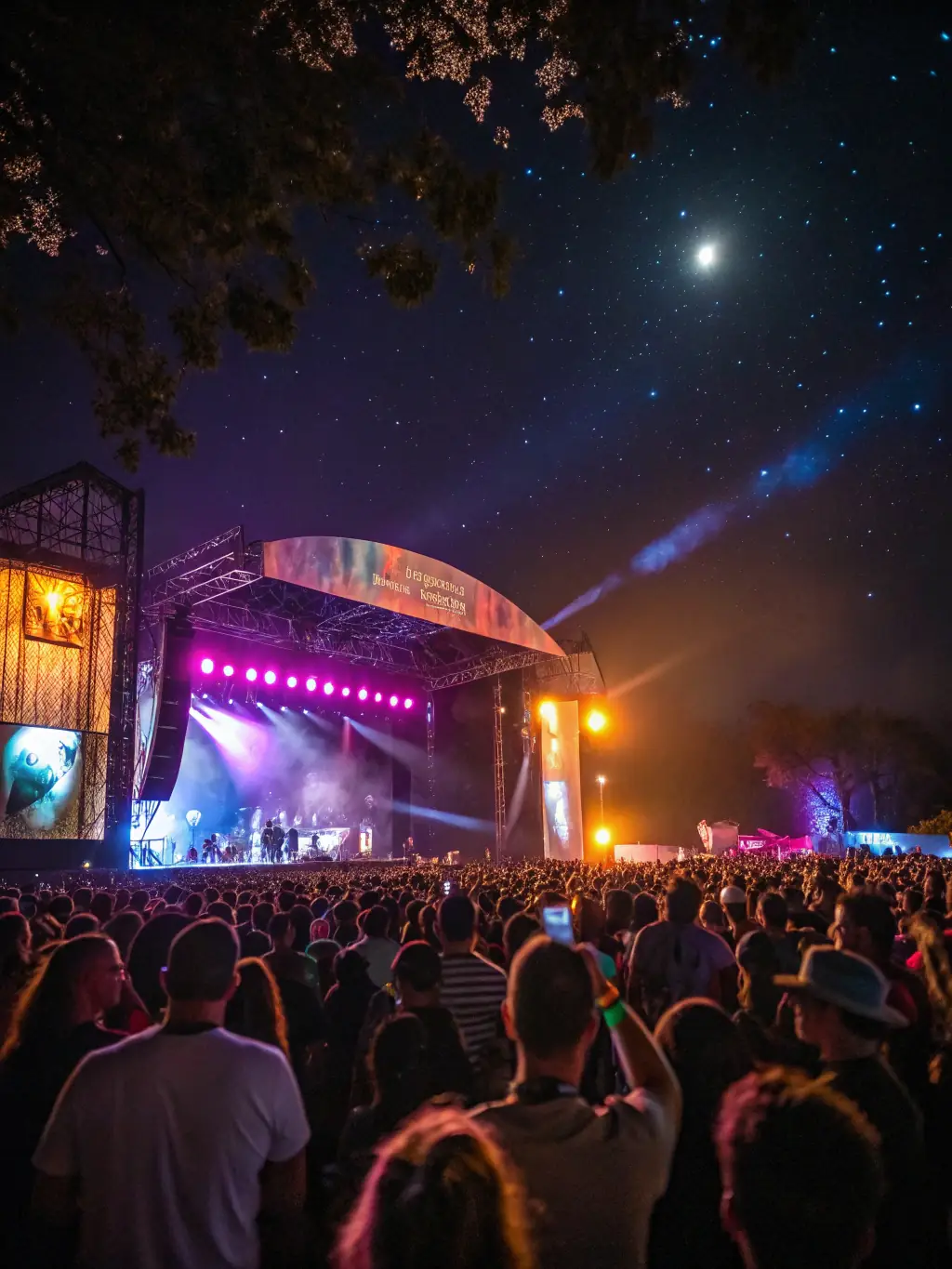 A captivating shot of a live performance during a LA CHANSON A BOIRE-sponsored music festival, showcasing a talented singer on stage with a band, performing to an appreciative audience under the stars.