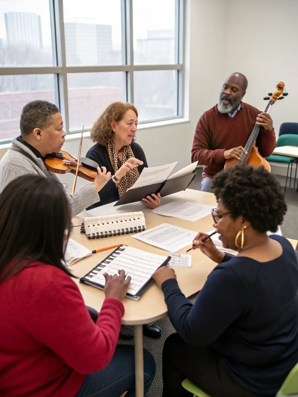 A candid photo of a music workshop led by LA CHANSON A BOIRE, with participants actively learning about the history and techniques of chanson.