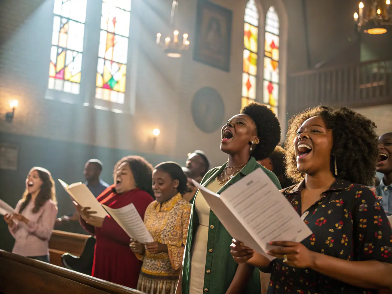 A vibrant image of a community choir rehearsing a classic French chanson, showcasing the joy and camaraderie of singing together.