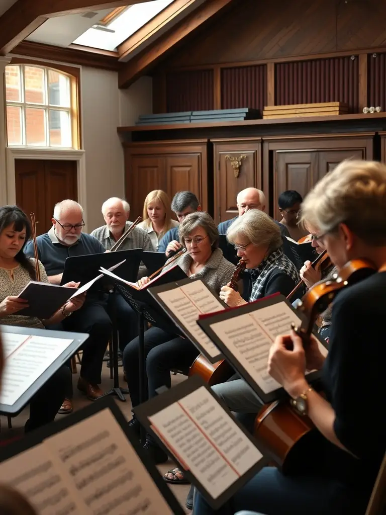 A vibrant photo of a community sing-along event organized by LA CHANSON A BOIRE, featuring diverse participants singing classic French chansons with sheet music in hand, set in a cozy, warmly lit community hall.