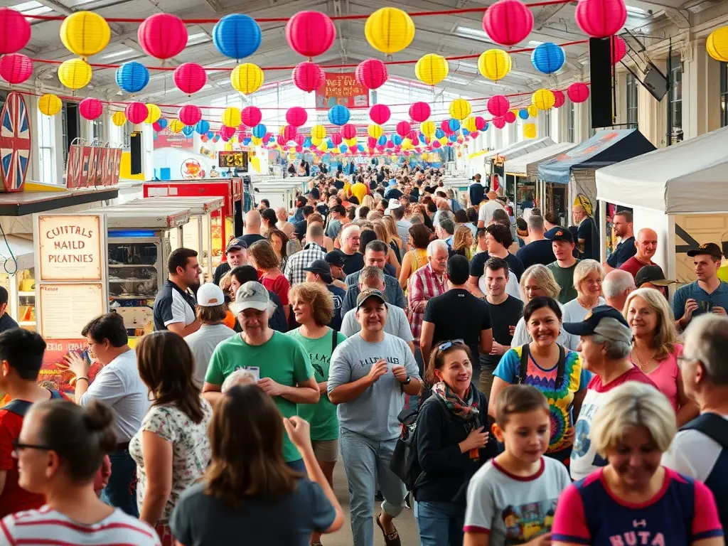 A photograph capturing a lively scene from a LA CHANSON A BOIRE event, with people of all ages interacting and enjoying the music, emphasizing the community aspect.